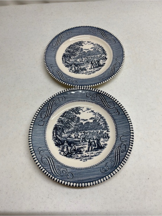 Currier & Ives Other - Currier & Ives Blue and White Scenic Ceramic Salad Plates Set of 2